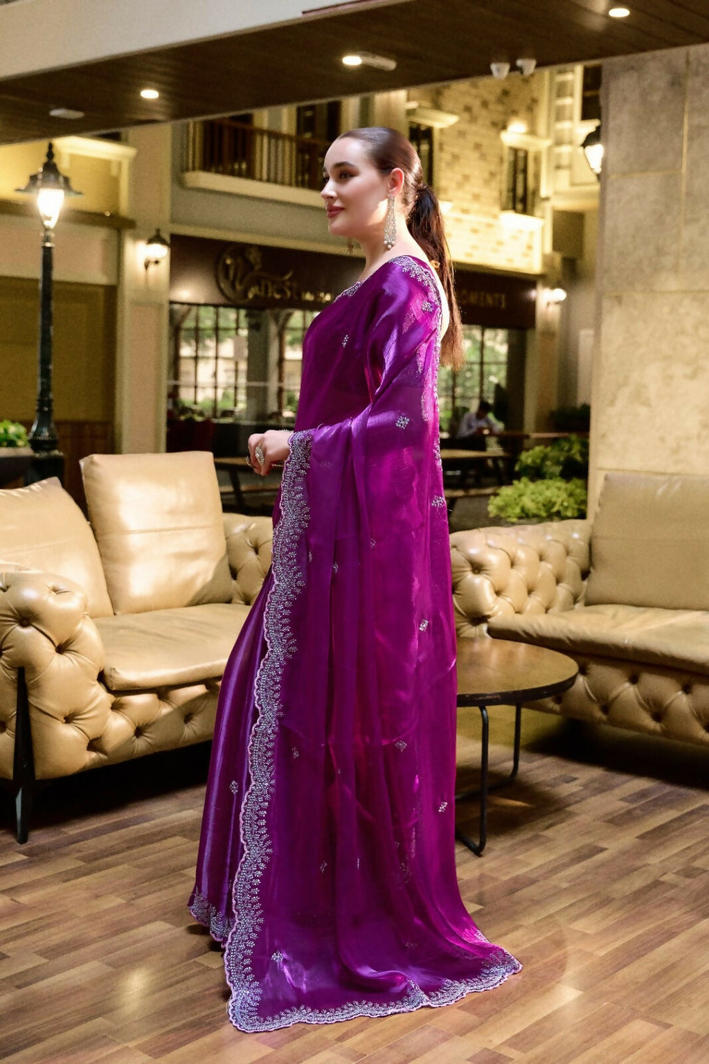Vastranavya Purple Embroidery Work Shimmer Chiffon Saree with Unstitched Blouse | Grocsy