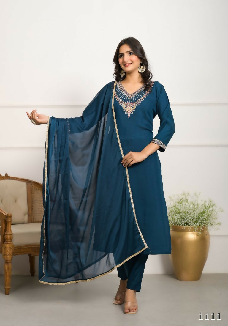 Festive Wear Ethnic Rama Viscose Chanderi Stitched Suit With Dupatta - Tanisha | Grocsy