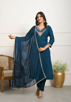 Festive Wear Ethnic Rama Viscose Chanderi Stitched Suit With Dupatta - Tanisha | Grocsy