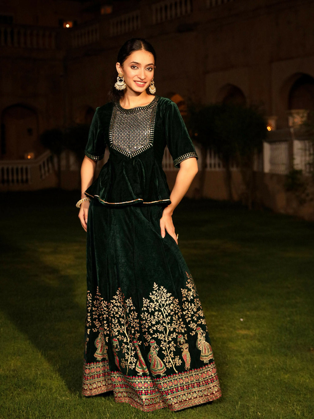 Juniper Women's The Sunehri Green Zari Embroidered Velvet Top & Skirt Set With Sequins & Lace | Grocsy
