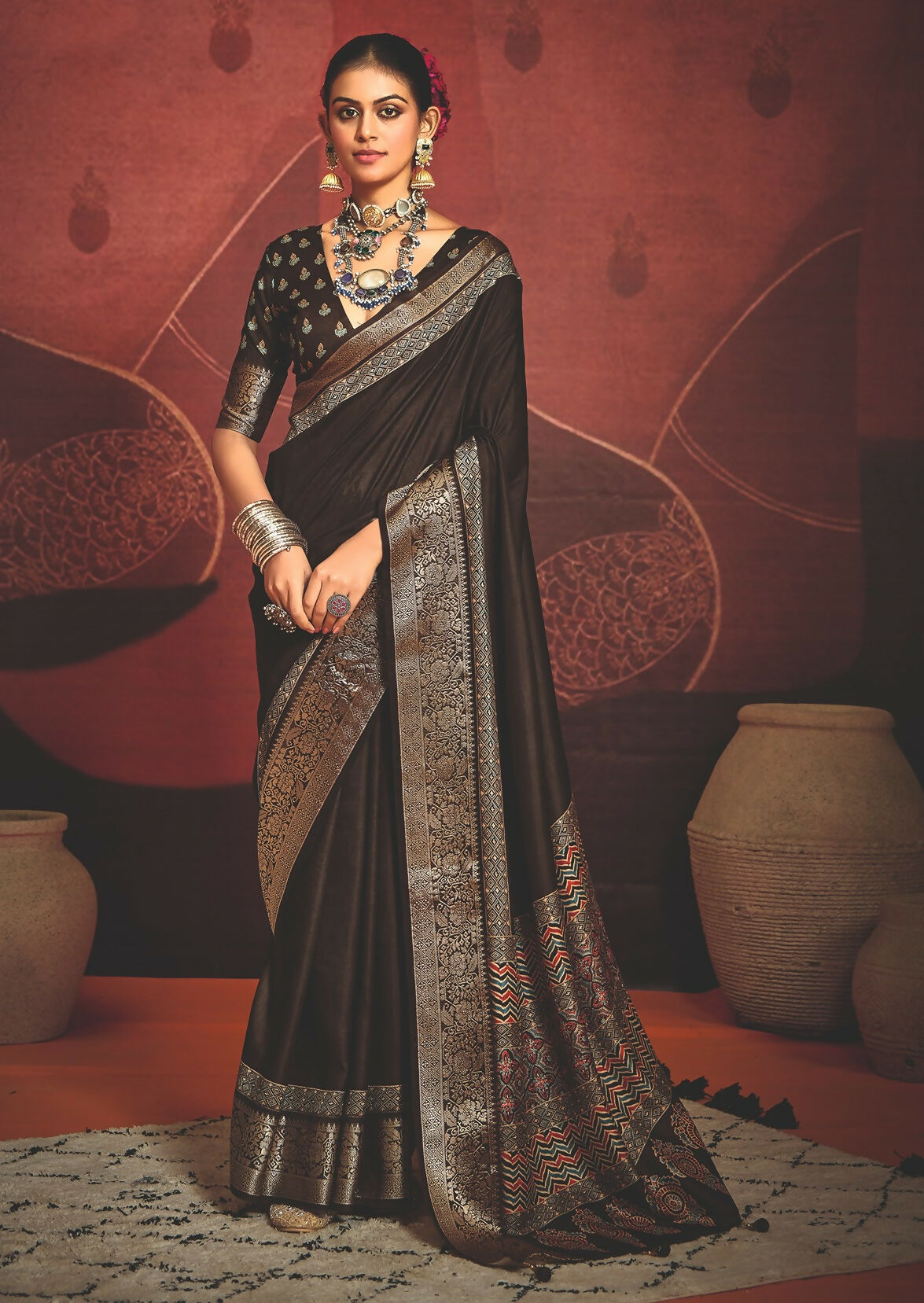 Joban Fashion Brown Art Silk With Fine Viscose Border Ajrak Full Body Print With Soft Finish Saree | Grocsy
