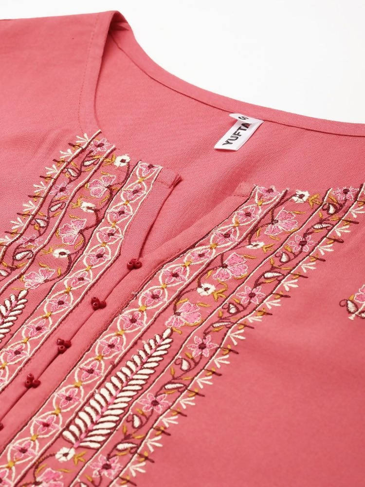 Yufta Women Pink Ethnic Motifs Embroidered Kurta with Palazzo & Dupatta | Grocsy
