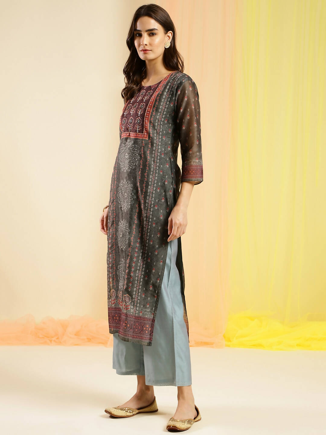 Dark Green Chinon Digital Printed With Hand Work Kurta - Himanshi | Grocsy