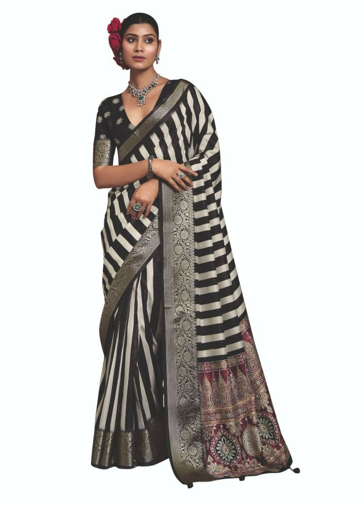 Joban Fashion Black Dola Tussar Silk Self Jacquard Border Saree | Grocsy