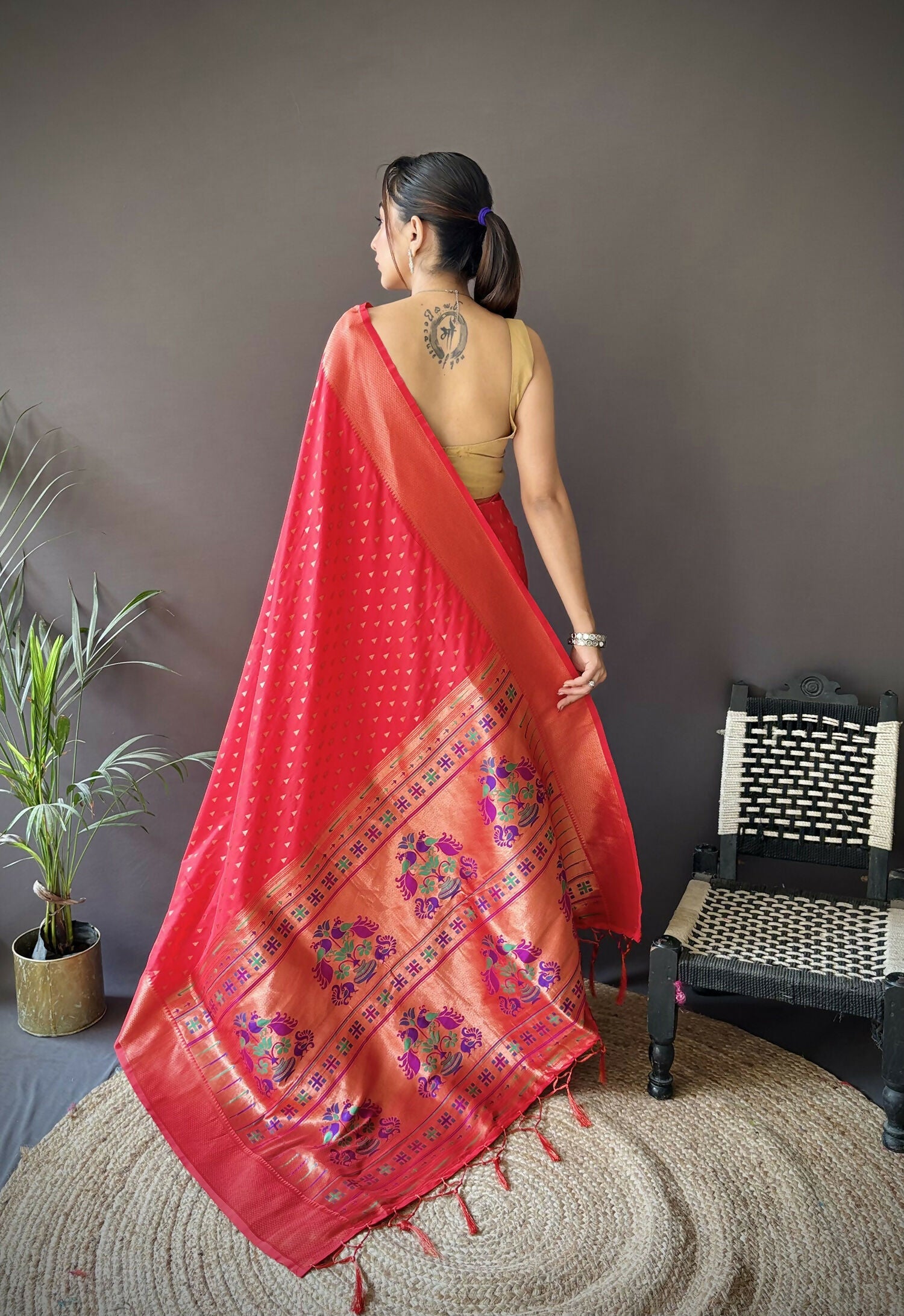 Joban Fashion Red Jacquard Butti Soft Lichi Silk Paithani Saree | Grocsy