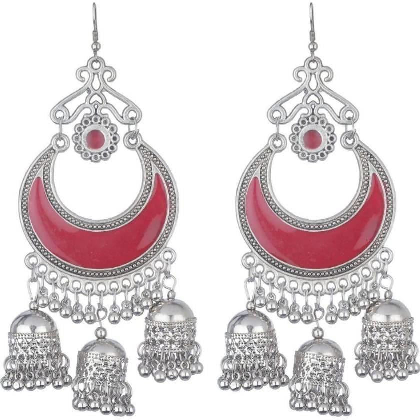 MS Fashion India Oxidized German Silver Cherry Red Chandbali Jhumkis Hook Earrings | Grocsy