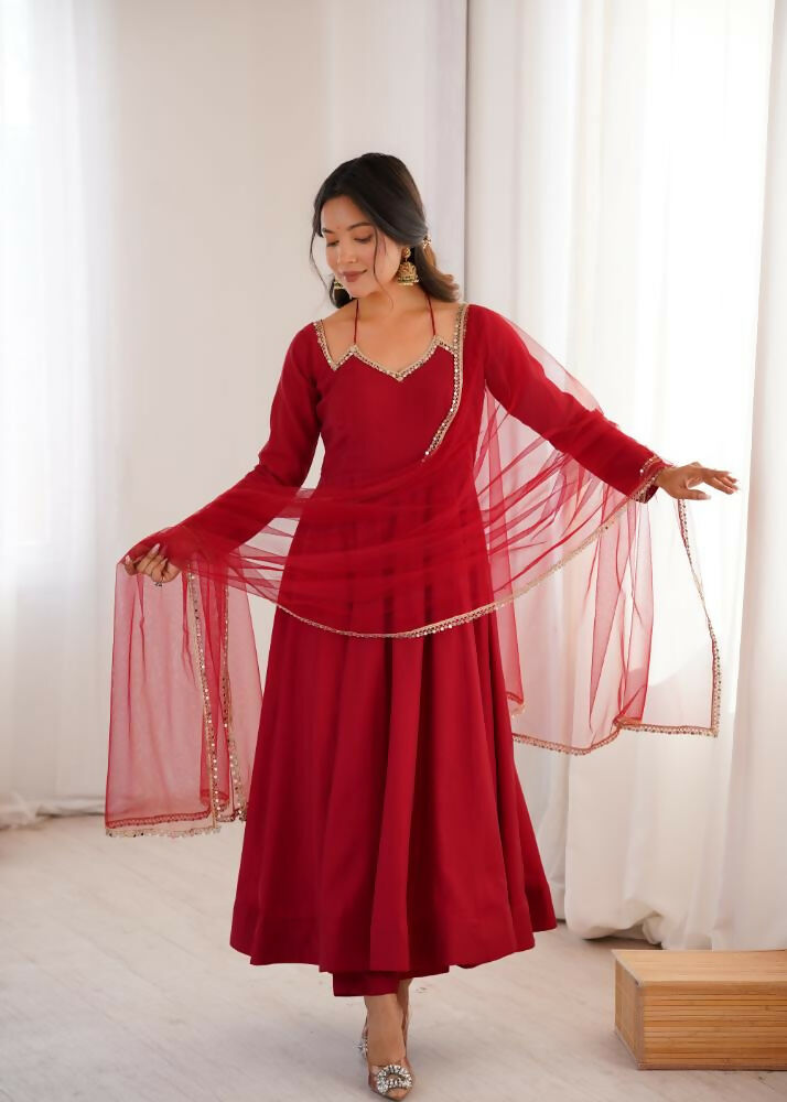 Lehenga Mart Designer Anarkali Suit With Kurta, Pant, Dupatta For Women-Maroon | Grocsy