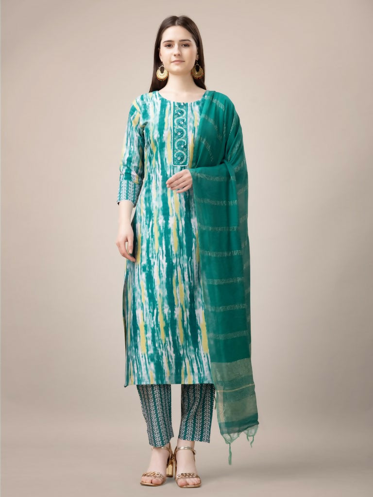 Jyoti Fashion Women's Teal Rayon Print with Embroidery & Fancy Lace Work Kurta with Trouser & Dupatta | Grocsy