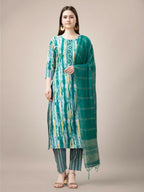 Jyoti Fashion Women's Teal Rayon Print with Embroidery & Fancy Lace Work Kurta with Trouser & Dupatta | Grocsy