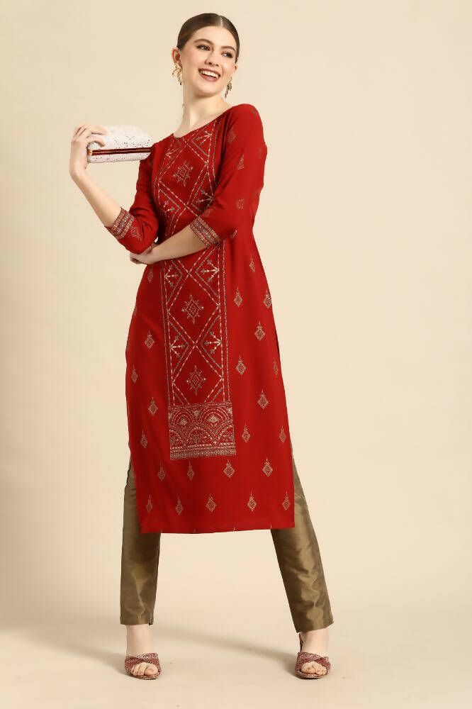 Janasya Women's Rust Crepe Ethnic Motifs Casual Straight Kurta | Grocsy