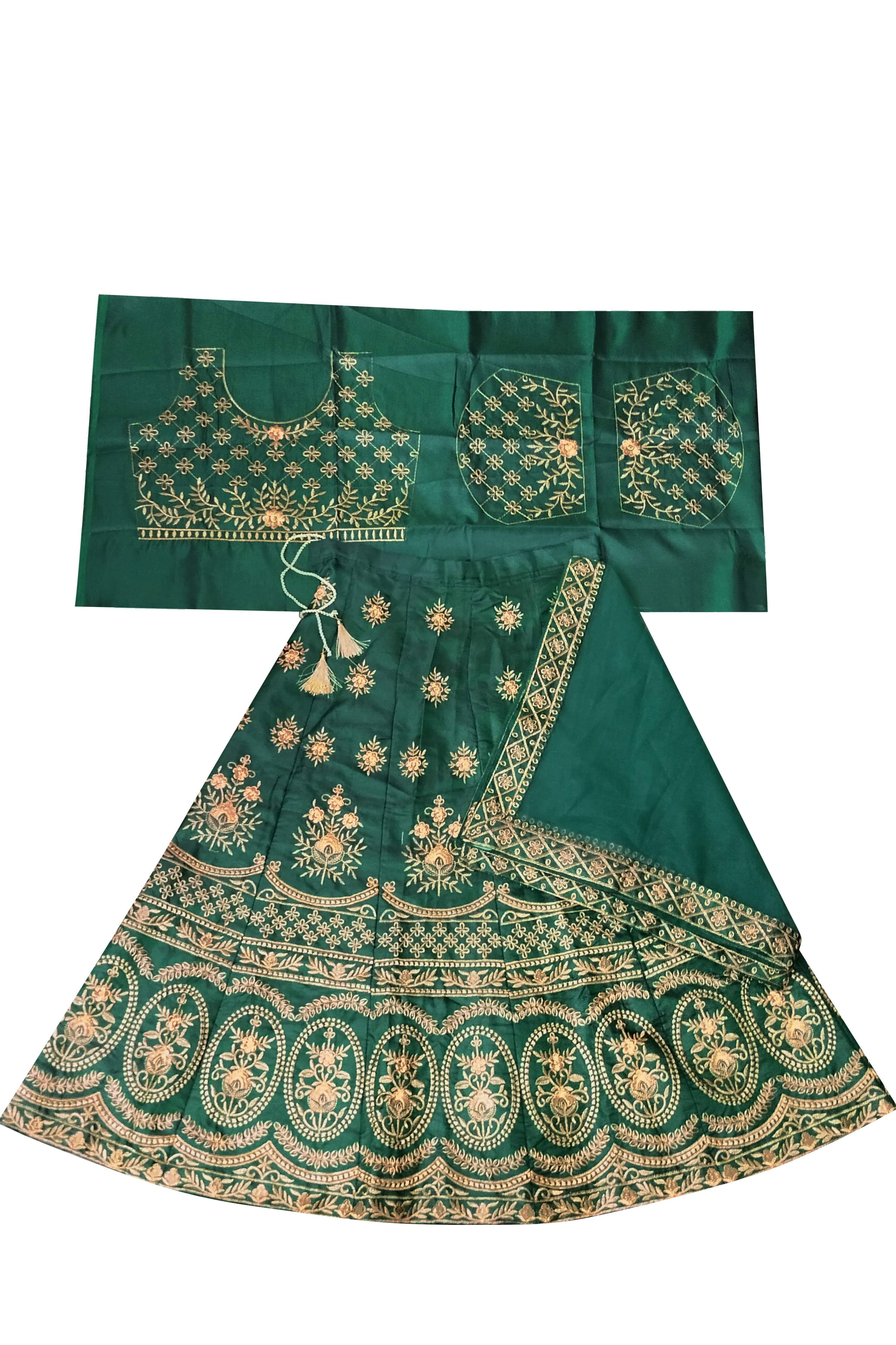 Dwiden Green Lehriyu Tafetta Sattin Semi-Stitched Girl's Lehenga Choli | Grocsy