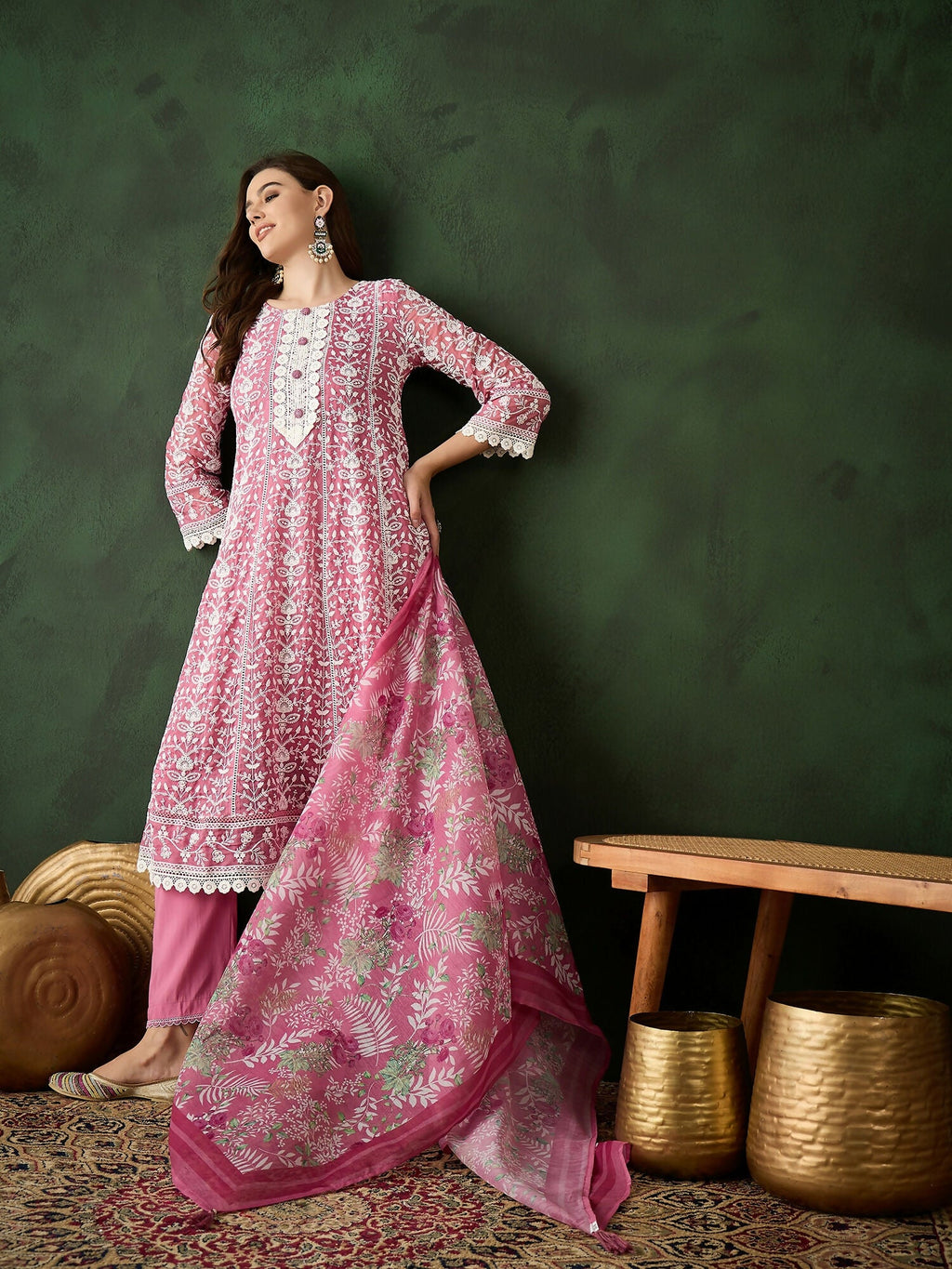 Pink Crystal Organza schiffli embroidery Kurta With Trouser & Dupatta - Bhumi | Grocsy