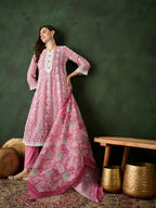 Pink Crystal Organza schiffli embroidery Kurta With Trouser & Dupatta - Bhumi | Grocsy