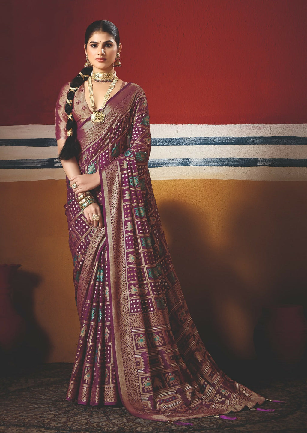 Joban Fashion Wine Dull Moss Brasso Saree | Grocsy