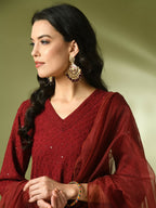 Myshka Women's Maroon Embroidered Cotton A-Line Party Kurta Set With Dupatta | Grocsy