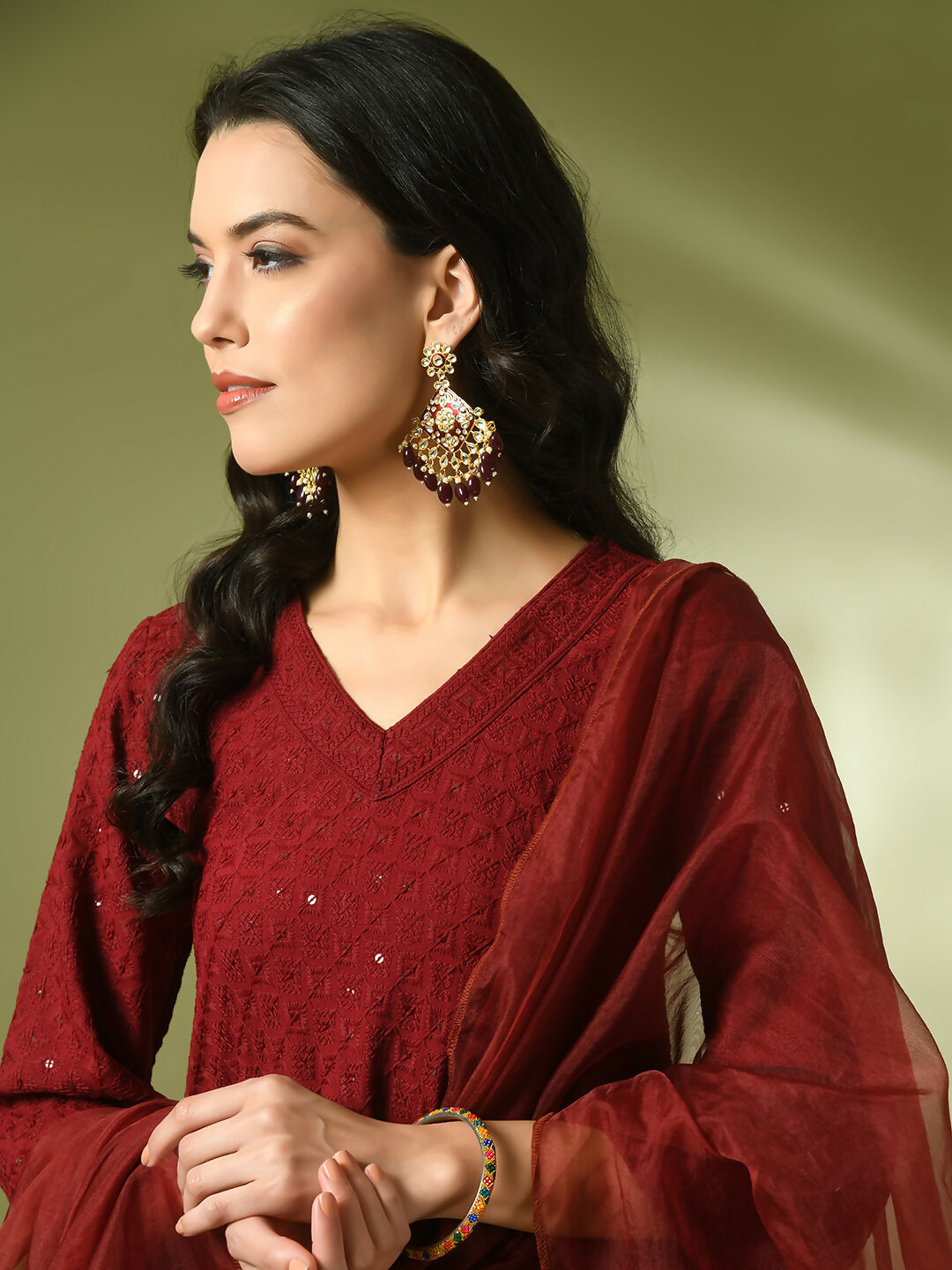 Myshka Women's Maroon Embroidered Cotton A-Line Party Kurta Set With Dupatta | Grocsy