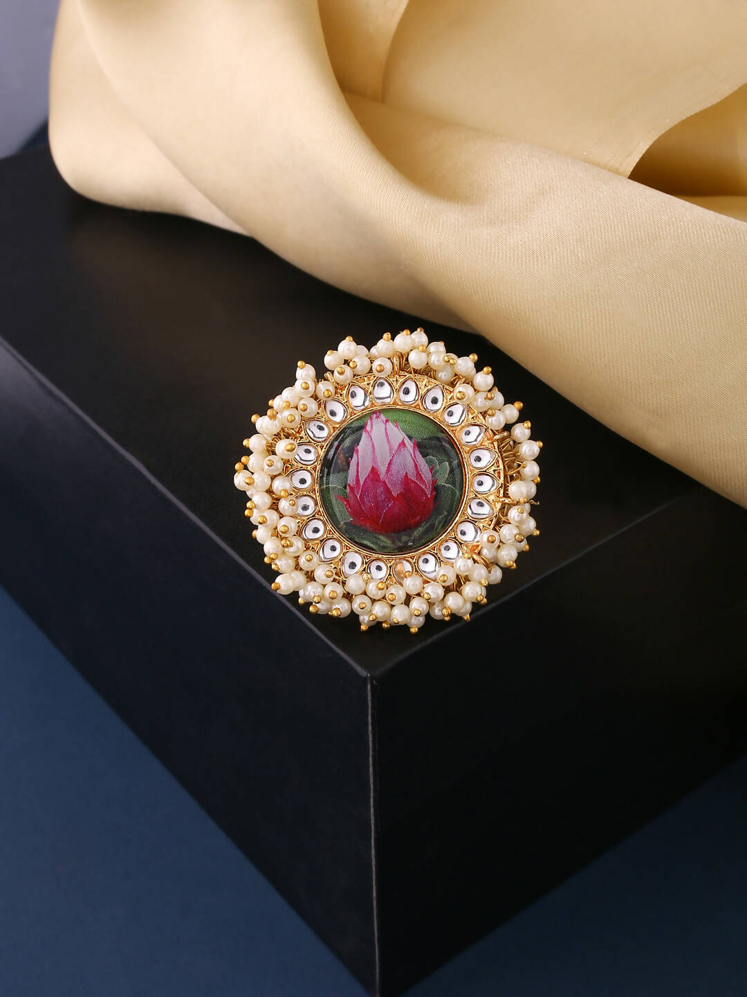 NVR Women's Traditional Ethnic Kundan Meenakari Gold-Polished Ajustable Finger Ring | Grocsy