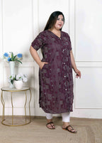 Miravan Women's Plus Size Wine Mandarin Neck Floral Printed A-Line Party wear Kurta | Grocsy