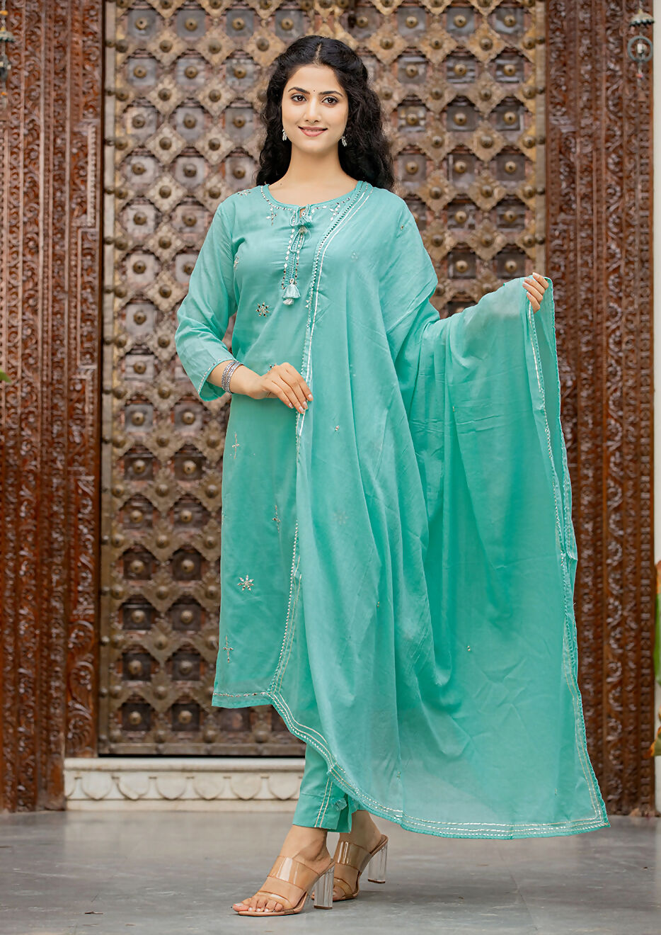 Kaajh Women's Sky Blue Mirror Embellished Cotton Suit Set | Grocsy
