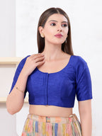 Joban Fashion Royal-Blue Dupion Silk Elbow Sleeveless Front Open Blouse | Grocsy