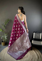Joban Fashion Magenta Floral Motifs Soft Silk Banarasi Saree | Grocsy