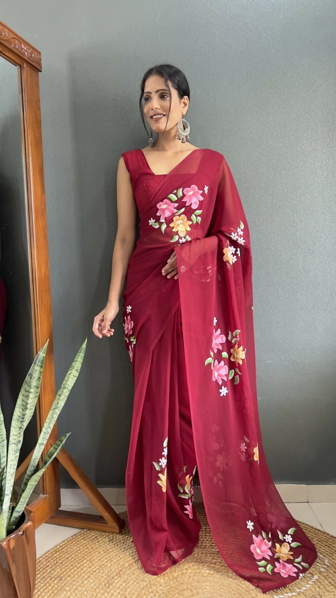 Aayaa Designer 1 min Hand Painted Ready to Wear saree - Maroon | Grocsy