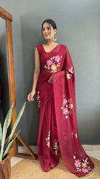 Aayaa Designer 1 min Hand Painted Ready to Wear saree - Maroon | Grocsy
