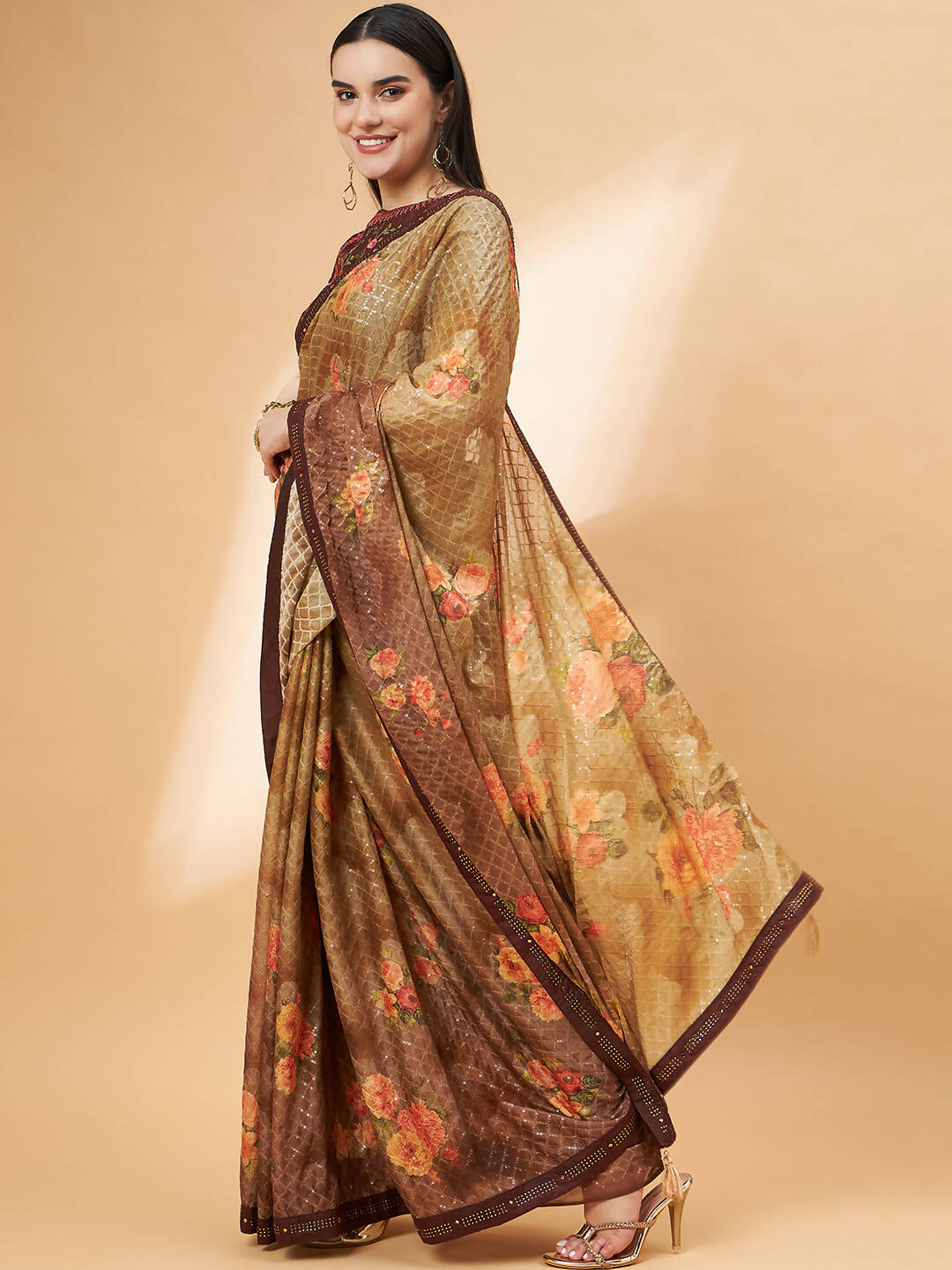 Beige Georgette Resham And Sequins Embroidery, Mukaish Studded Work Saree - Norita Hit Design | Grocsy