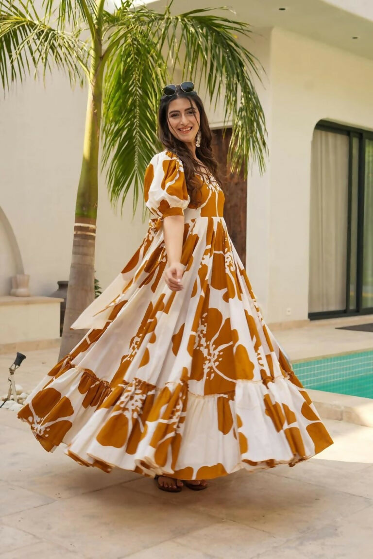 Aayaa Designer Cambric Cotton Printed Full Flaired Gown - Multi Color | Grocsy