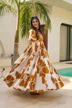 Aayaa Designer Cambric Cotton Printed Full Flaired Gown - Multi Color | Grocsy