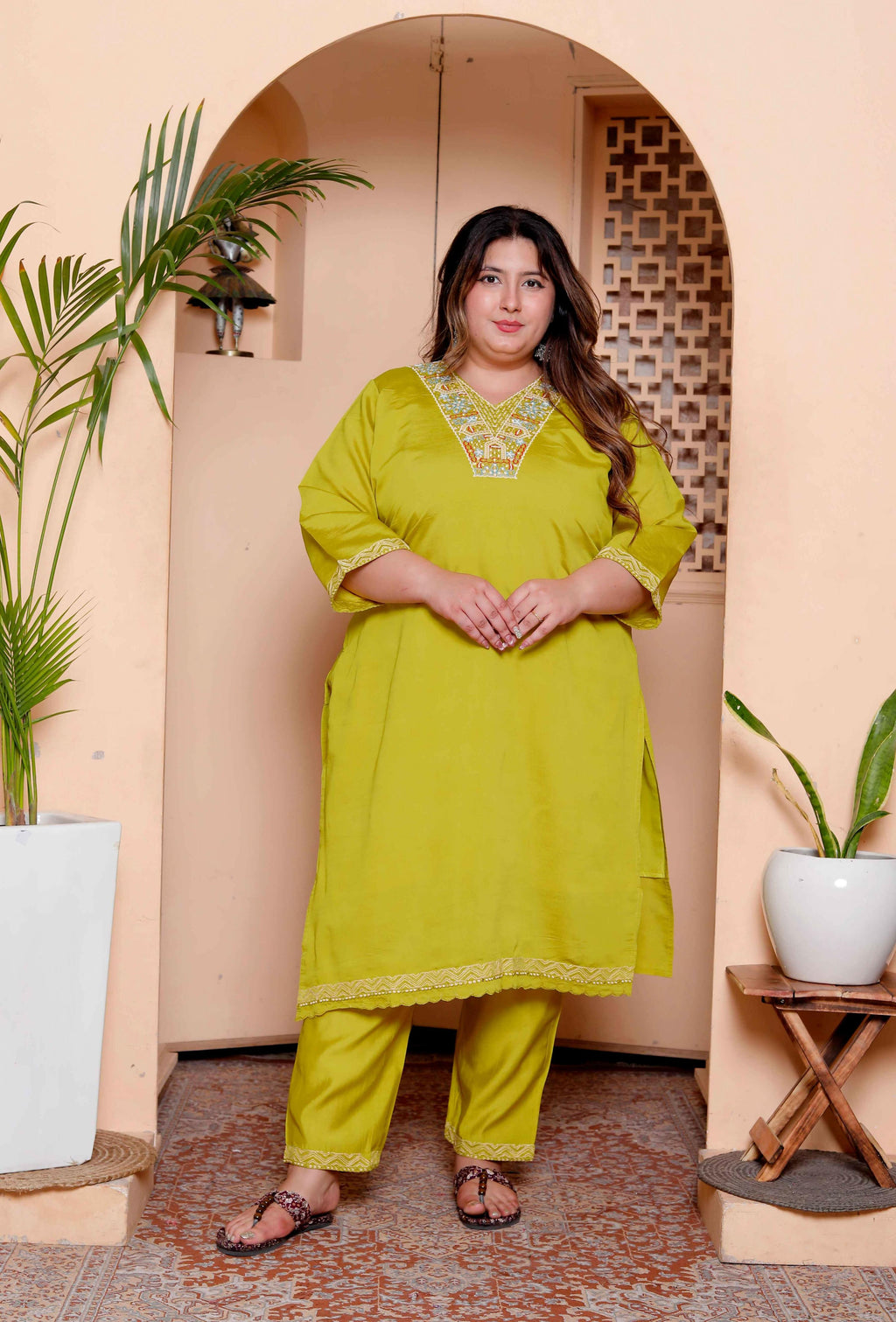 Miravan Womens Plus Size Muslin Yellow Kurta and Palazzo with Dupatta Set | Grocsy