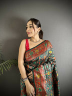 Joban Fashion Dark Green Banarasi Soft Silk Woven Saree | Grocsy