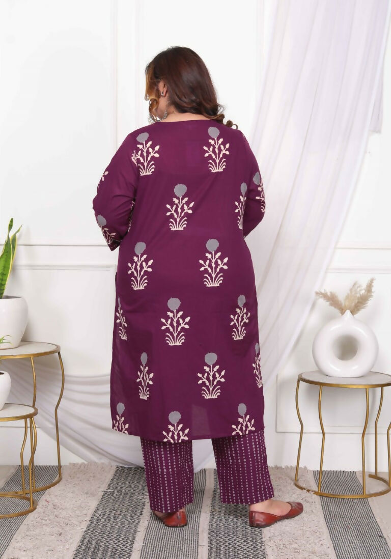 Miravan Women's Plus Size Cotton Fabric Purple Color Kurta With Palazzo And Dupatta | Grocsy