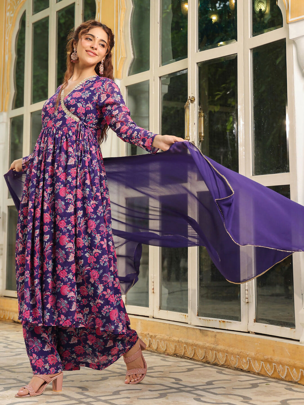 Janasya Purple Georgette Floral Kurta,Bottom & Dupatta | Grocsy