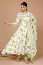 Miravan Women's Green Printed Anarkali Kurta With Palazzo And Dupatta | Grocsy