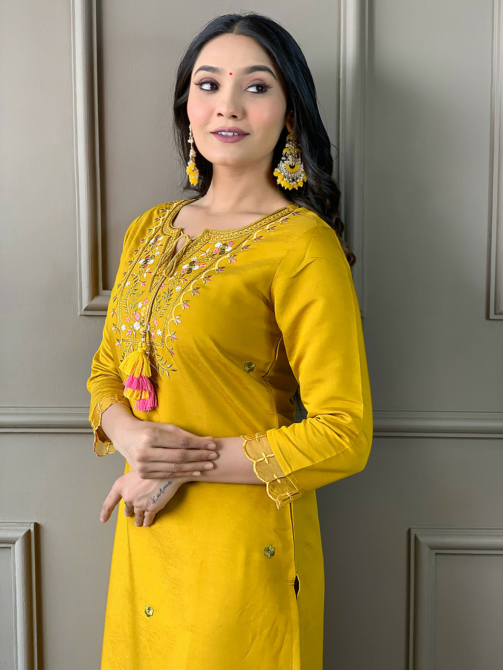 Partywear Designer Chanderi Mustard Stitched Suit With Dupatta - Tanisha | Grocsy