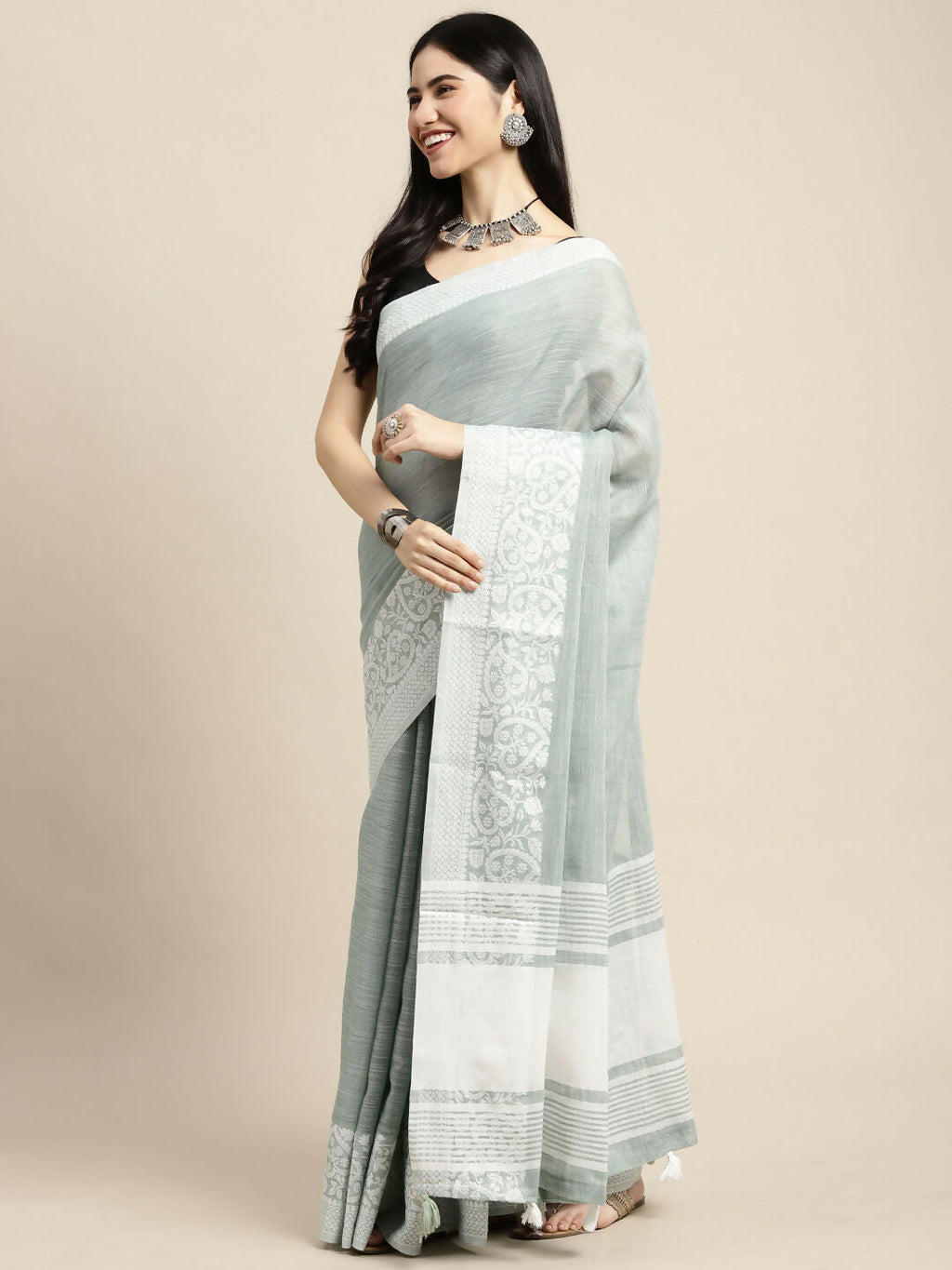 Shree Shyam Fashion Linen Sea Green Saree | Grocsy