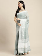 Shree Shyam Fashion Linen Sea Green Saree | Grocsy