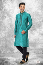Raivat Ethnic Jacquard Silk Brocade Thread Work Kurta Pajama In Teal Green Colour | Grocsy