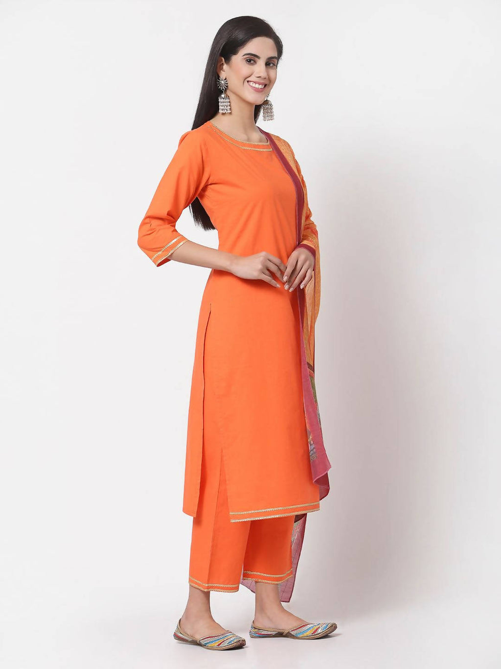Myshka Orange Solid Cotton 3/4 Sleeve Round Neck Casual Kurta Pant Dupatta Set | Grocsy