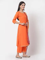 Myshka Orange Solid Cotton 3/4 Sleeve Round Neck Casual Kurta Pant Dupatta Set | Grocsy