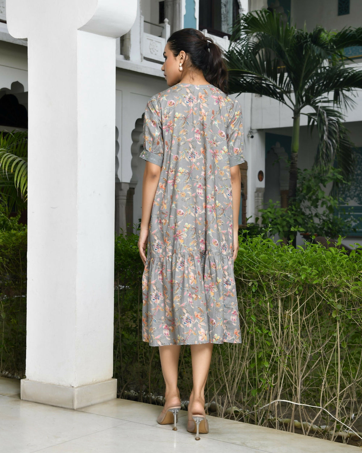 Vaasva Women's Grey Cotton Digital Printed Embroidered Placket Dress | Grocsy