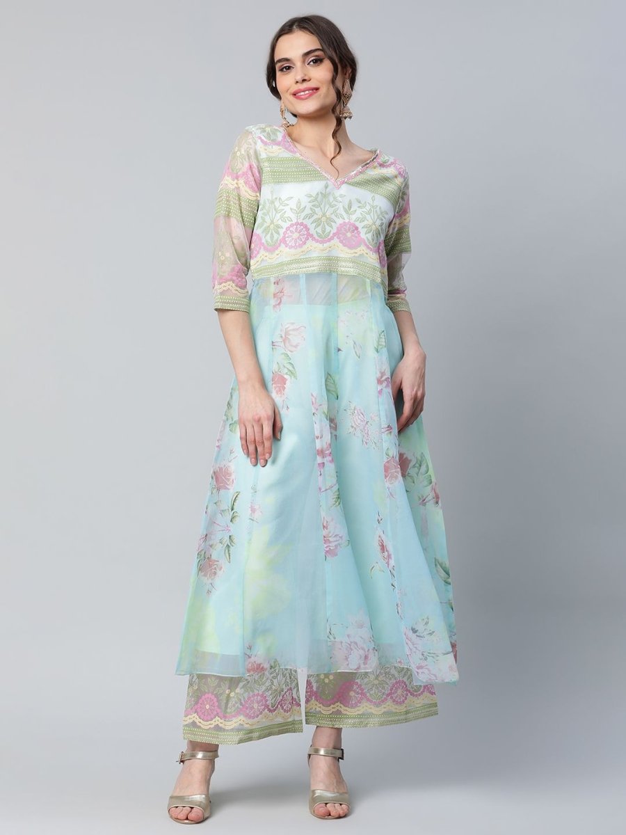 Ahalyaa Women Sea Green Organza Romantic Florals Kurta Palazzo Set | Grocsy