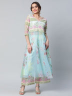 Ahalyaa Women Sea Green Organza Romantic Florals Kurta Palazzo Set | Grocsy