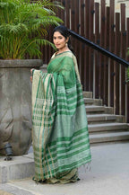Beatitude Green Cotton Stripes Border Handloom Saree | Grocsy