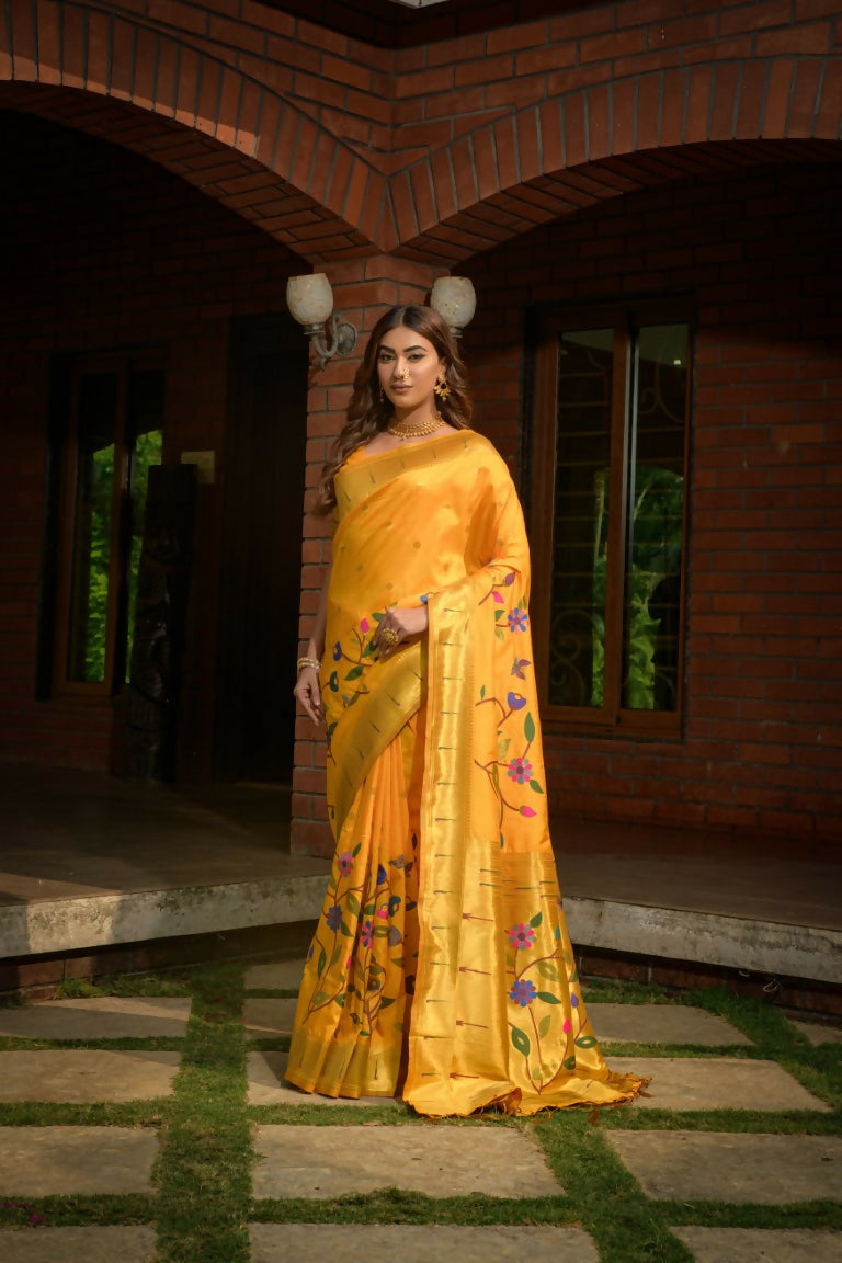 Jyoti Fashion Women's Yellow Paithani Silk Zari Woven Saree with Blouse | Grocsy