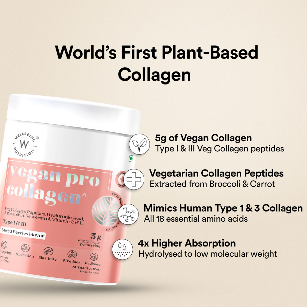 Wellbeing Nutrition Vegan Pro Collagen Hyaluronic Acid Skin & Hair Mixed Berries Flavour | Grocsy