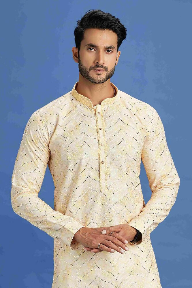 Raivat Ethnic Cotton Embroidery Kurta Pajama In Yellow Colour | Grocsy