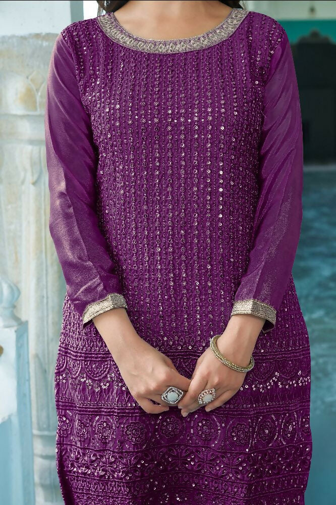 Teeya Creation Wine Colour Chinnon Silk Heavy Embroidery Work Fully Stitched Salwar Suit | Grocsy