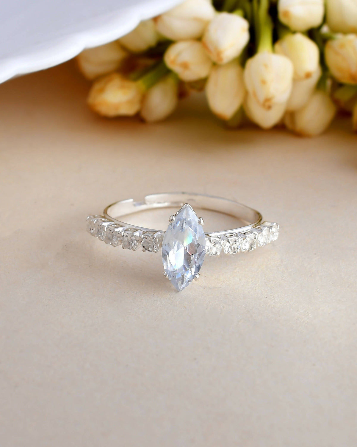 VOJ white CZ-detail Stainless Steel Cubic Zirconia Silver Plated Adjustable Finger Ring | Grocsy